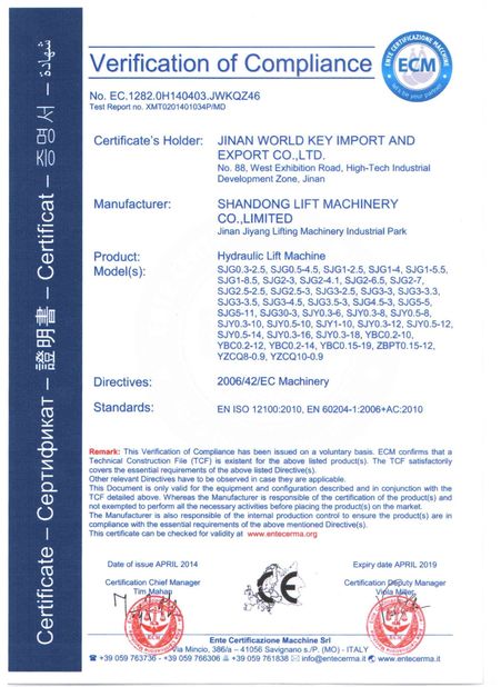 Porcellana Shandong Lift Machinery Co.,Ltd Certificazioni